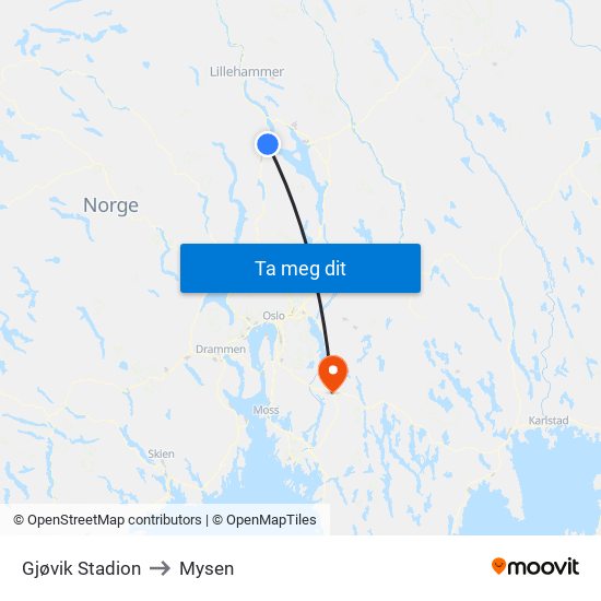 Gjøvik Stadion to Mysen map