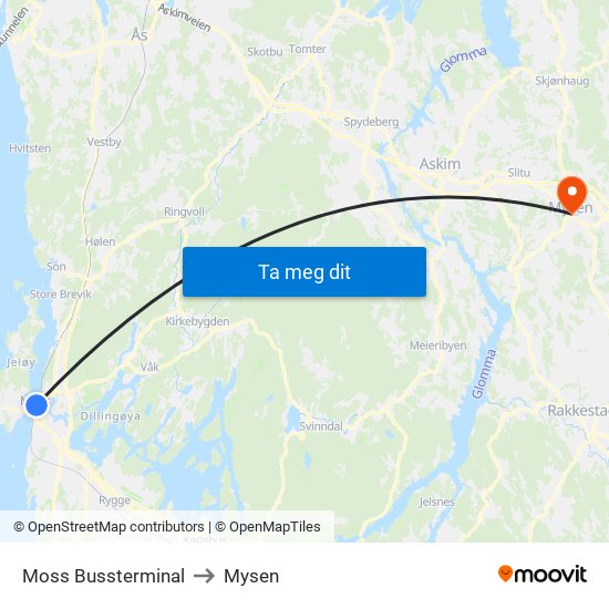 Moss Bussterminal to Mysen map