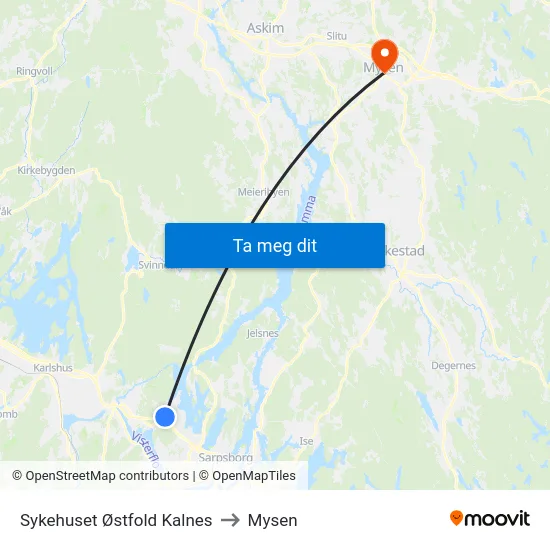 Sykehuset Østfold Kalnes to Mysen map