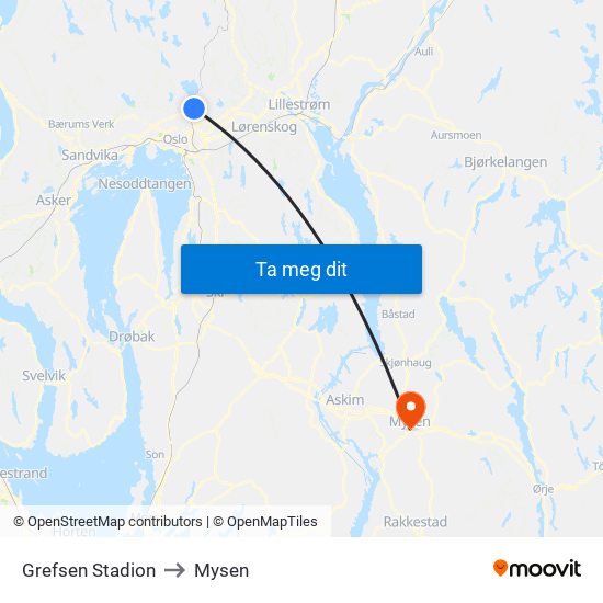 Grefsen Stadion to Mysen map