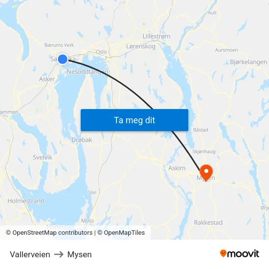 Vallerveien to Mysen map