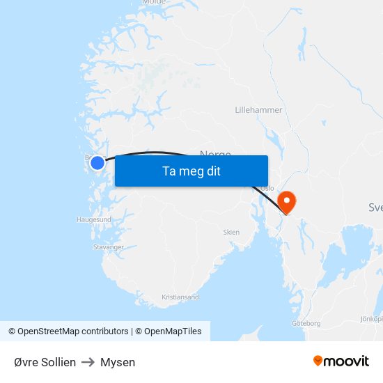 Øvre Sollien to Mysen map