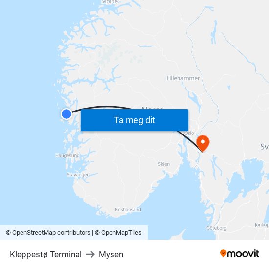 Kleppestø Terminal to Mysen map
