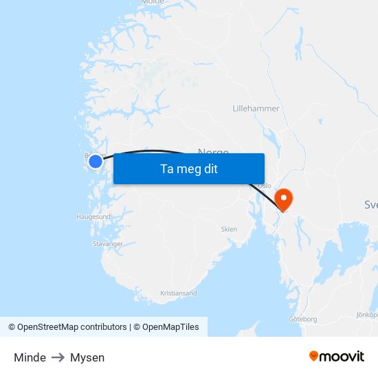 Minde to Mysen map