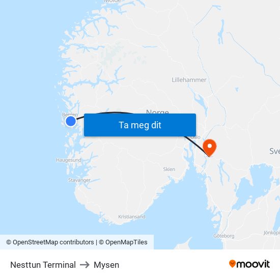 Nesttun Terminal to Mysen map