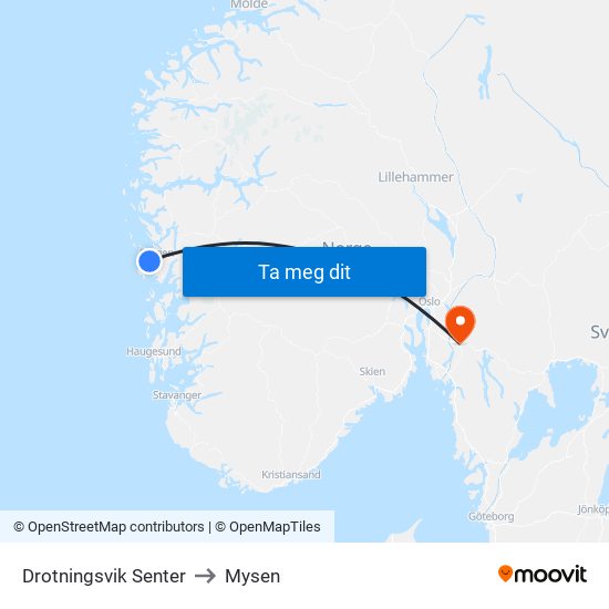 Drotningsvik Senter to Mysen map