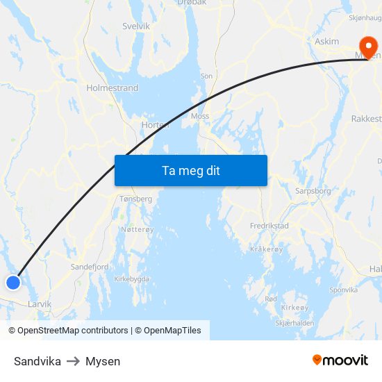 Sandvika to Mysen map