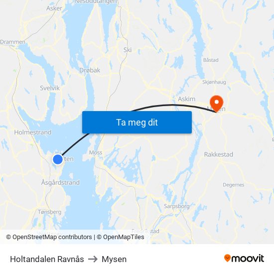 Holtandalen Ravnås to Mysen map