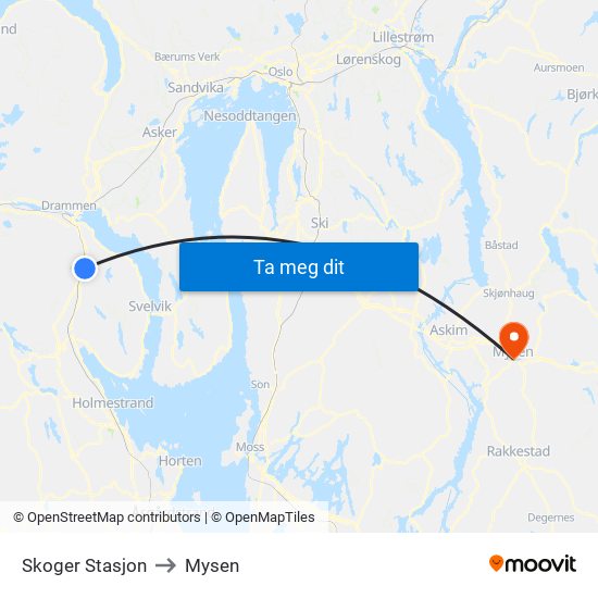 Skoger Stasjon to Mysen map