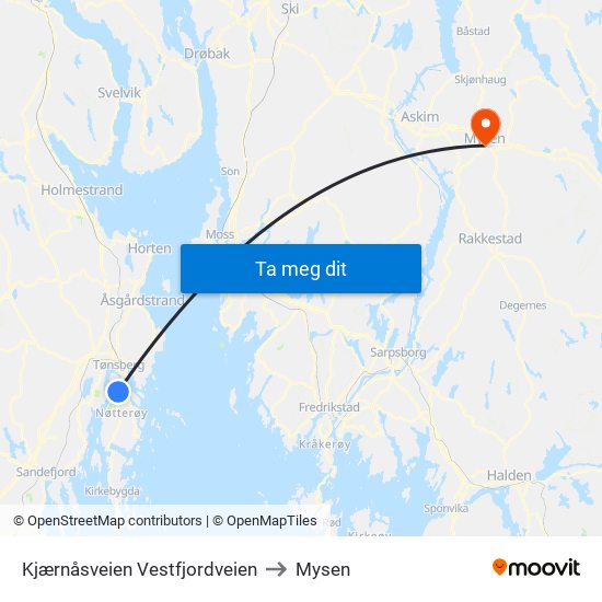 Kjærnåsveien Vestfjordveien to Mysen map