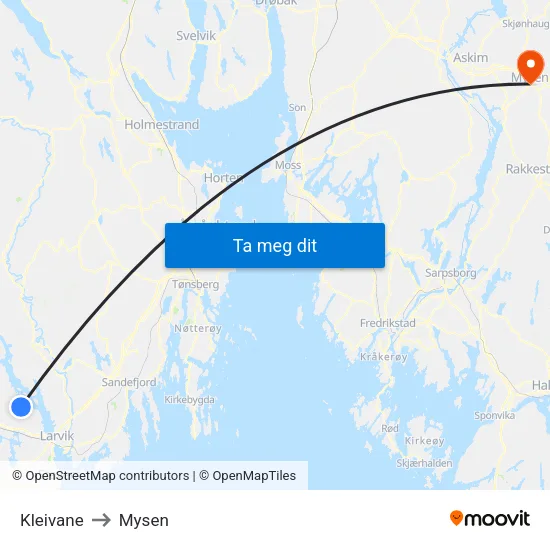 Kleivane to Mysen map