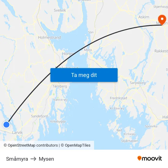 Småmyra to Mysen map
