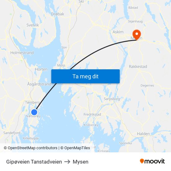 Gipøveien Tanstadveien to Mysen map