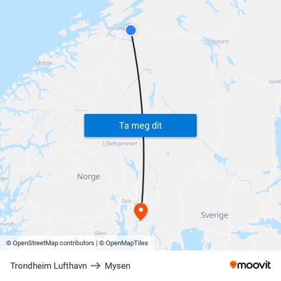 Trondheim Lufthavn to Mysen map