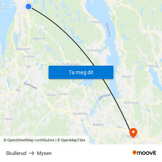 Skullerud to Mysen map