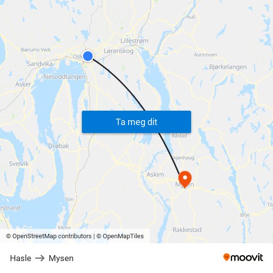 Hasle to Mysen map