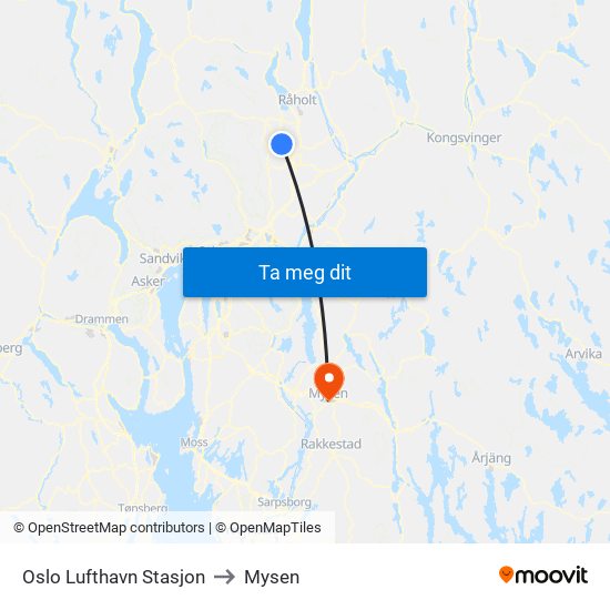 Oslo Lufthavn Stasjon to Mysen map