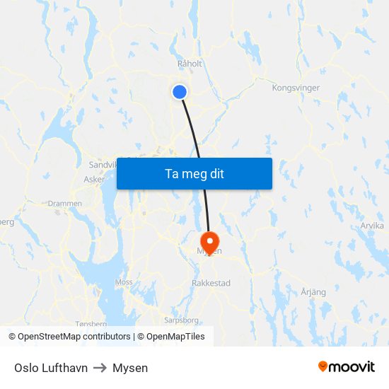 Oslo Lufthavn to Mysen map