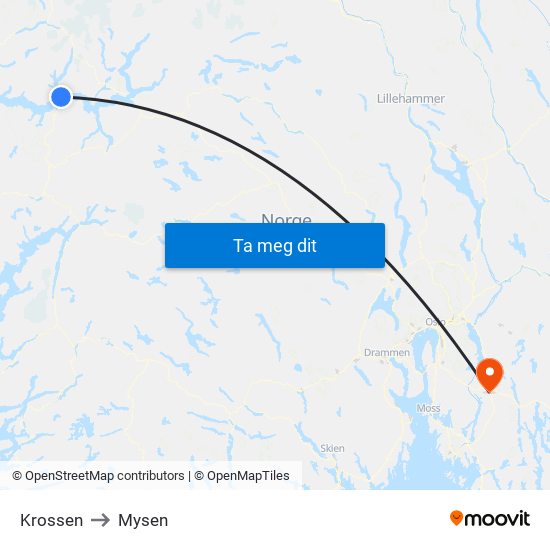 Krossen to Mysen map