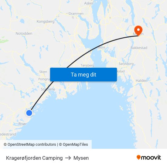 Kragerøfjorden Camping to Mysen map