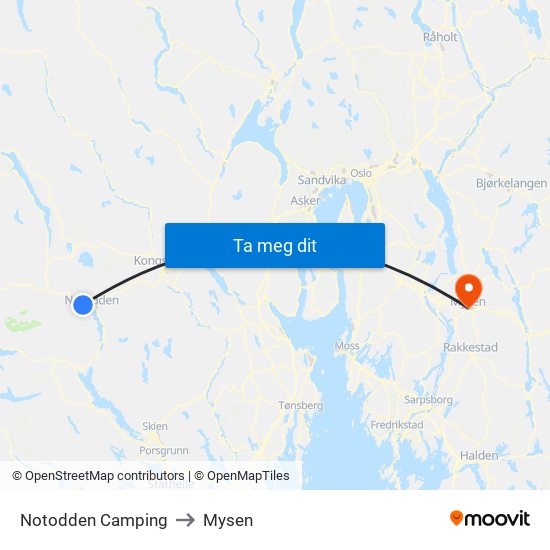 Notodden Camping to Mysen map