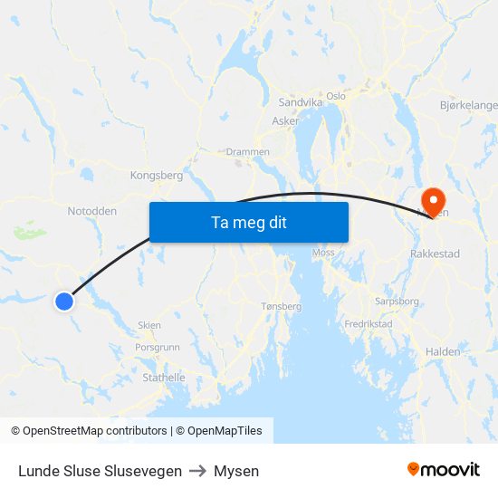 Lunde Sluse Slusevegen to Mysen map