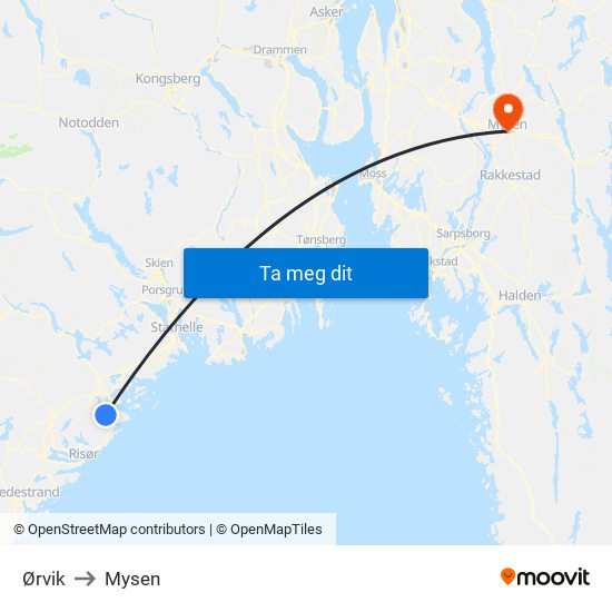 Ørvik to Mysen map