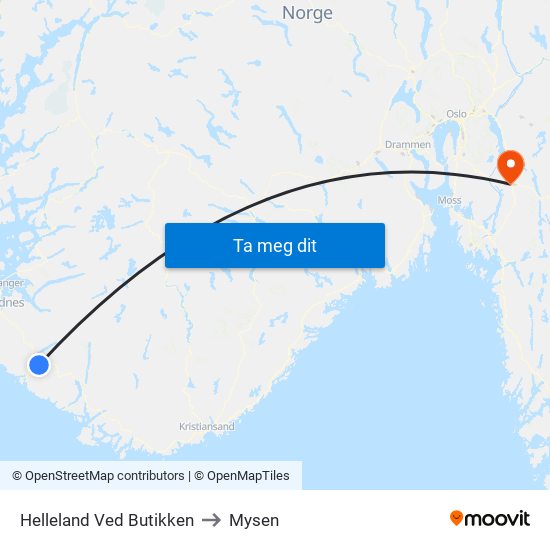 Helleland Ved Butikken to Mysen map