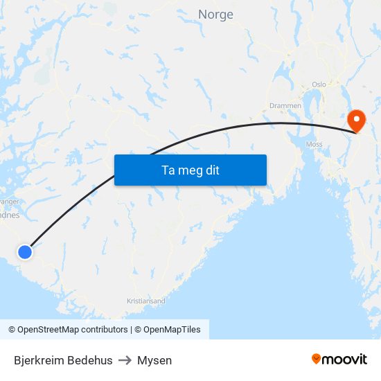 Bjerkreim Bedehus to Mysen map