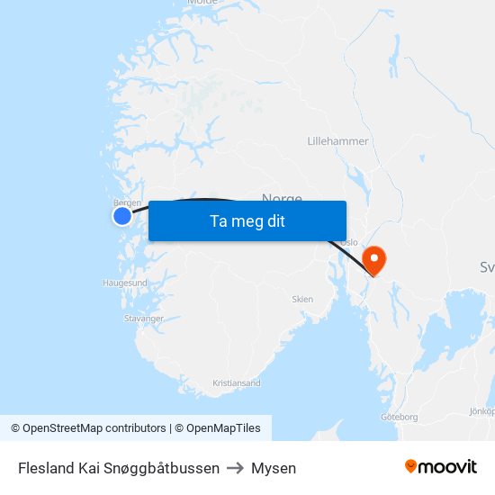 Flesland Kai Snøggbåtbussen to Mysen map