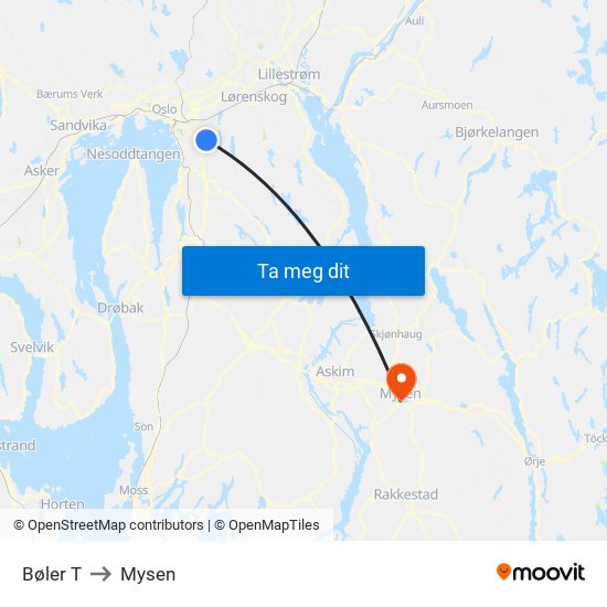 Bøler T to Mysen map