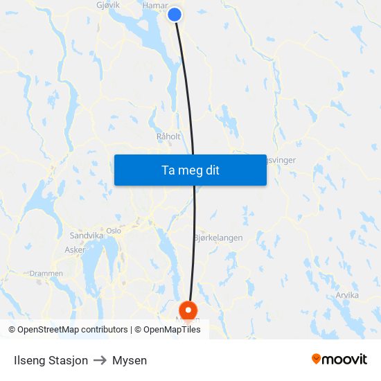 Ilseng Stasjon to Mysen map