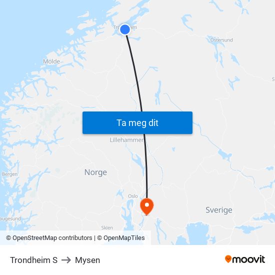 Trondheim S Fosenkaia to Mysen map