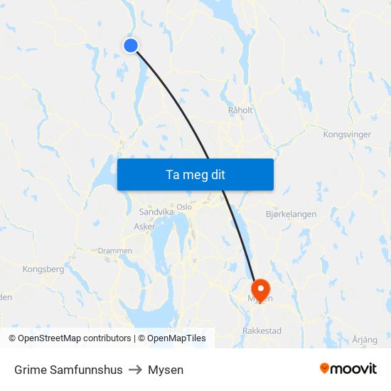 Grime Samfunnshus to Mysen map