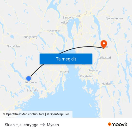 Skien Hjellebrygga to Mysen map