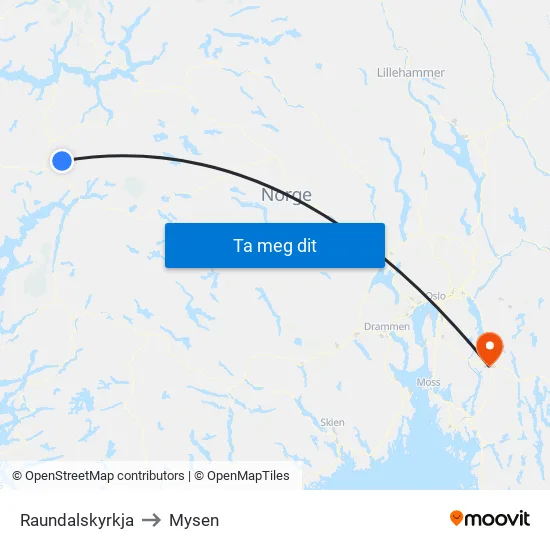 Raundalskyrkja to Mysen map