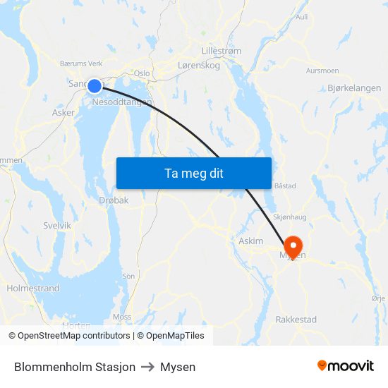 Blommenholm Stasjon to Mysen map