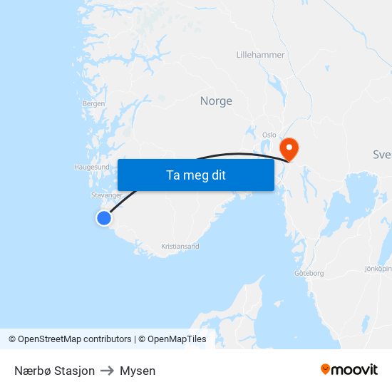 Nærbø Stasjon to Mysen map