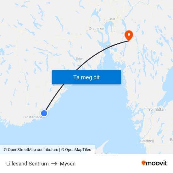 Lillesand Sentrum to Mysen map