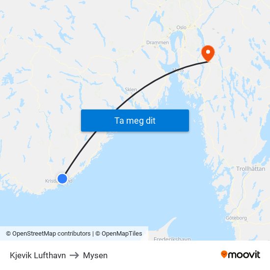 Kjevik Lufthavn to Mysen map