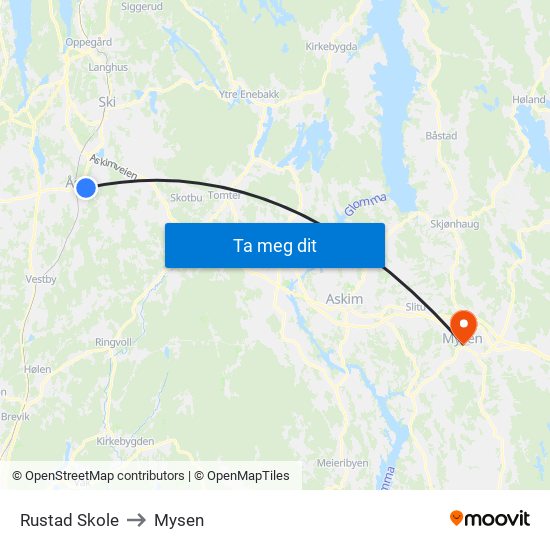 Rustad Skole to Mysen map