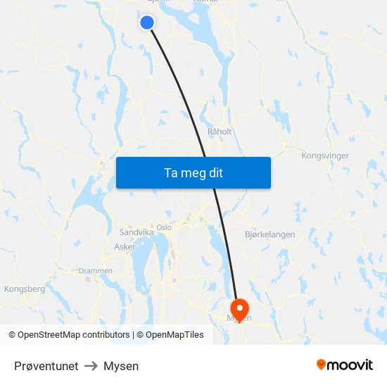 Prøventunet to Mysen map