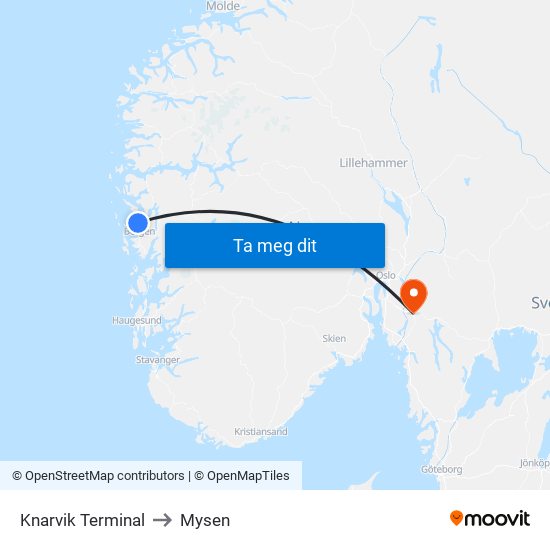 Knarvik Terminal to Mysen map