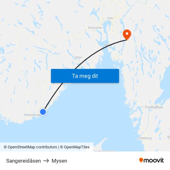 Sangereidåsen to Mysen map