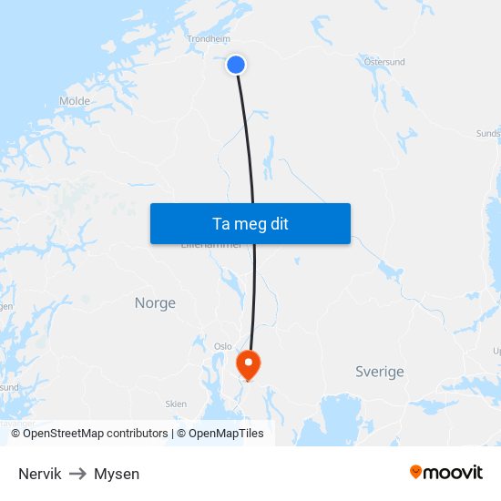 Nervik to Mysen map