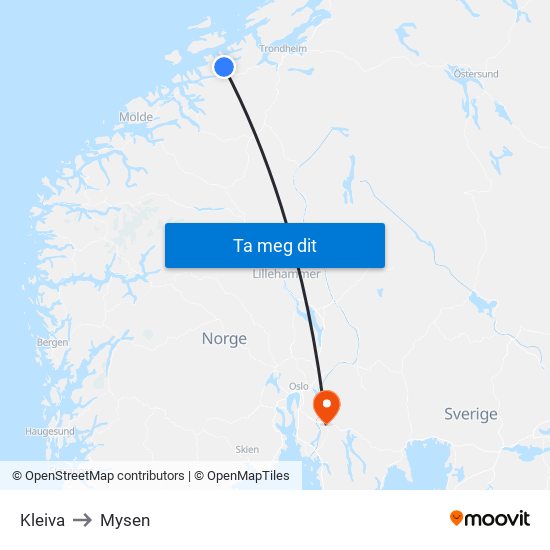 Kleiva to Mysen map