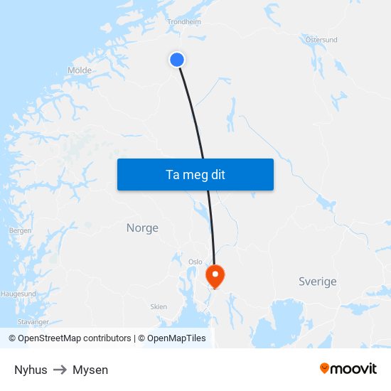 Nyhus to Mysen map