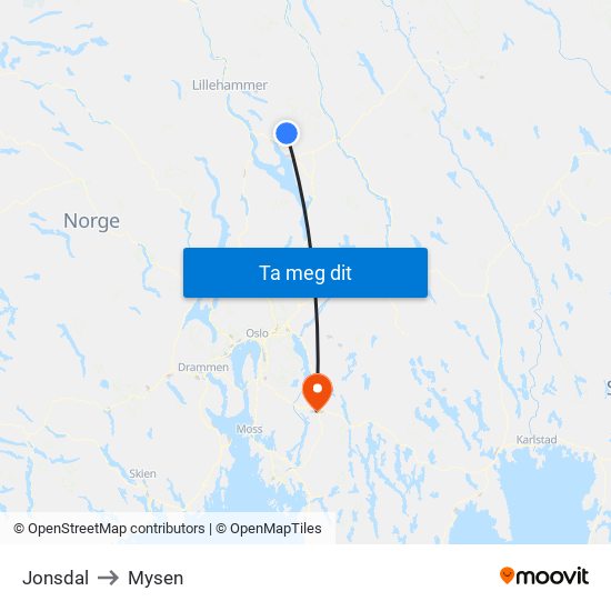 Jonsdal to Mysen map