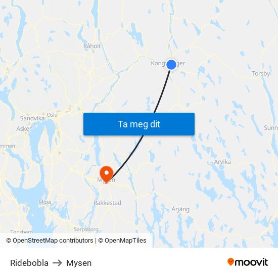 Ridebobla to Mysen map