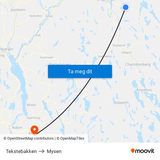 Tekstebakken to Mysen map